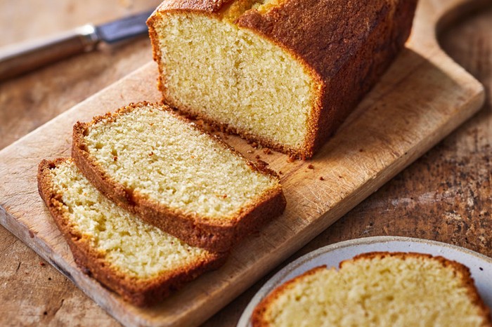 Sliced madeira cake on a board