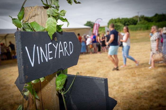 A vineyard sign pointing to a field of people