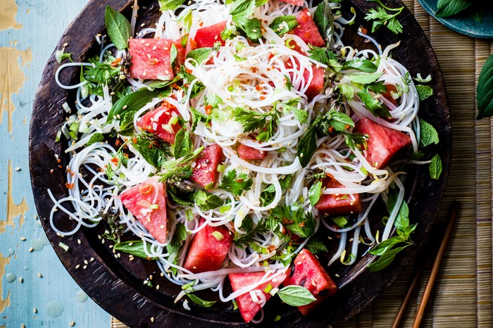 Watermelon and Rice Noodle salad with mint and holy basil