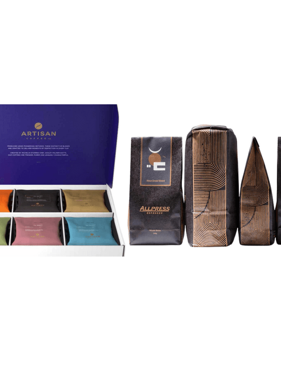 brown coffee bags and colourful coffee bags in a box